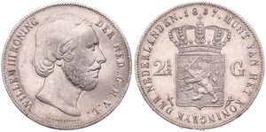 Netherlands, Kingdom, William III, 2-1/2 Gulden Silver 1857, Bearded head right, KM 82, VF+