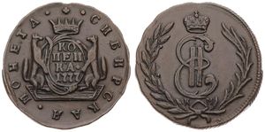 Siberia, Russian Occupation, 1 Kopeck Copper 1777KM, Crowned monogram within wreath / Crowned oval shield with supporters, KM 3, XF 