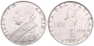 Vatican City, City State, 100 Lire Stainless Steel 1957, Fides standing, KM 55, UNC