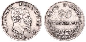 Italy, Kingdom, Vittorio Emanuele II, 20 Centesimi Silver 1863M BN, Bearded head right, KM 13.1, A.XF