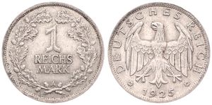 Germany, Weimar Republic, 1 Reichsmark Silver 1925A, Eagle with wings spread above date, KM 44, VF+