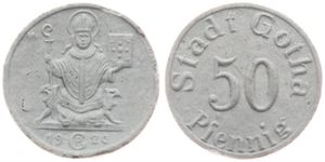 Germany, Emergency Coinage, Gotha, 50 Pfennig Porcelain 1920, St. Gotthard, Bishop of Hildesheim seated on throne / Legend surrounding denomination, A.UNC