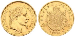 France, Second Empire, Napoleon III, 20 Francs Gold 1865A, Laureate head right / Crowned mantled arms, KM 801.1 Paris, XF (*)