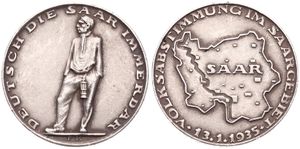 Germany, Weimar Republic, Medal in Silver 1935 by Krischker, Saarland Referendum, Coal Miner standing left / Map of the Saargebied, A.UNC 