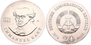 Germany, Democratic Republic, 20 Mark Silver 1974, 250th Anniversary of the Death of Immanuel Kant, KM 53, UNC