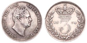 Great Britain, Kingdom, William IV, 3 Pence Silver 1834, Head right, KM 710, XF