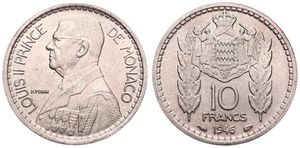 Monaco, Principality, Louis II, 10 Francs Copper-Nickel 1946, Uniformed bust left, KM 123, UNC