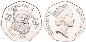 Gibraltar, British Colony, Elizabeth II, 50 Pence Copper-Nickel 1992, Christmas - Bust of Santa facing, KM 108, UNC