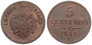 Italian States, Lombardy-Venetia, 5 Centesimi Copper 1852 V, Crowned double imperial eagle with shield, KM 31.2 (Venice), XF