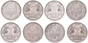 Germany, Federal Republic, 4 x 2 Mark Copper-Nickel 1951 D, F, G & J, Eagle with wings spread, KM 111, SCARCER TYPES, VF/XF