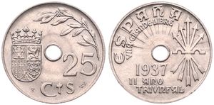 Spain, Republic, 25 Centimos Copper-Nickel 1937, Arrow design with hole in center, KM 753, UNC