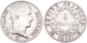France, First Empire, Napoleon, 5 Francs Silver 1811H, Laureate head right, KM 694.6 La Rochelle, Fine (cleaned)