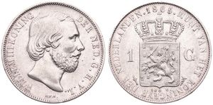 Netherlands, Kingdom, William III, 1 Gulden Silver 1865, Bearded head right, KM 93, XF