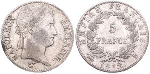 France, First Empire, Napoleon, 5 Francs Silver 1812B, Laureate head right, KM 694.2 Rouen, VF