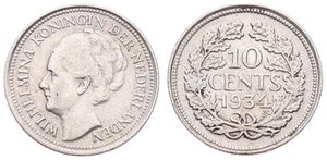 Netherlands, Kingdom, Wilhelmina I, 10 Cents Silver 1934, Head left, KM 163, KEY DATE, VF
