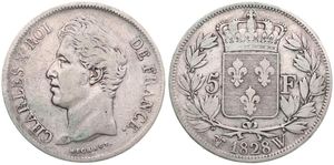 France, Second Kingdom, Charles X, 5 Francs Silver 1828W, Head left, KM 728.13 Lille, VF