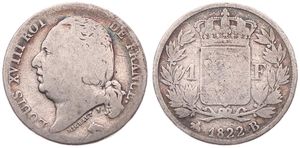 France, Second Kingdom, Louis XVIII, 1 Franc Silver 1822B, Head left, KM 709.2 (Rouen), Fine