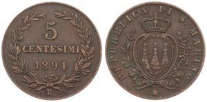 San Marino, Republic, 5 Centesimi Copper 1894R, Crowned pointed arms within wreath, KM 1, XF