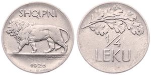 Albania, Kingdom, King Zog I, 1/4 Leku Nickel 1926R, Lion advancing left, KM 3, VF