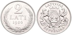 Latvia, First Republic, 2 Lati Silver 1926, National arms above ribbon with supporters, KM 8, A.XF