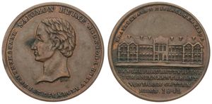 German States, Hamburg, Medal in Bronze 1841, Auf den Bau des Israelitischen Krankenhaus, View on the hospital / Head of Jew Banker Salomon Heines left, XF