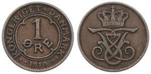 Denmark, Kingdom, Frederik VIII, 1 Ore Bronze 1910, Crowned Monogram, KM 804, VF