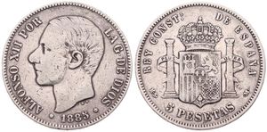 Spain, Kingdom, Alfonso XII, 5 Pesetas Silver 1885 (85), Head left, KM 688, A.VF