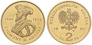Poland, Republic, 2 Zlote Brass 1996, Bust of Zygmunt II August left, KM 306, SCARCE, UNC