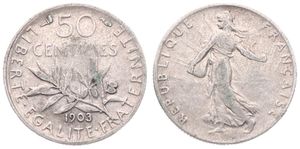 France, Republic, 50 Centimes Silver 1903, Figure sowing seed, KM 854, SCARCE DATE, A.VF