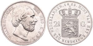 Netherlands, Kingdom, William III, 2-1/2 Gulden Silver 1868, Bearded head right, KM 82, XF