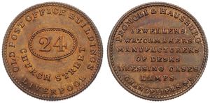 Great Britain, Kingdom, Liverpool, Promoli & Hausburg Jewellers, 24 Church Street Farthing Token in Gilt Brass ND (ca 1840), XF