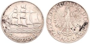 Poland, Republic, 5 Zlotych Silver 1936, 15th Anniversary of Gdynia Seaport, KM 31, VF