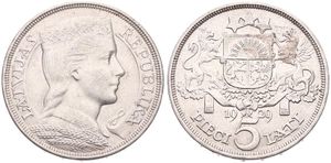 Latvia, First Republic, 5 Lati Silver 1929, Crowned head right, KM 9, Position B, XF