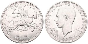 Luxembourg, Grand Duchy, Charlotte, 100 Francs Silver ND (1946), 600th Anniversary of John the Blind, KM 49, A.UNC