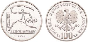 Poland, Probas Coins : 100 Zlotych Silver 1980, Stylized runner holding torch and olympic rings, KM Pr 395, PROOF