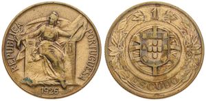 Portugal, Republic, 1 Escudo Aluminum-Bronze 1926, Liberty seated on throne, KM 576, A.VF (coin has been varnished)