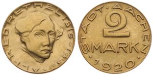 Germany, Emergency Coinage, Aachen, 2 Mark Brass 1920, Head of Alfred Rethel right / Value above date within legend, UNC