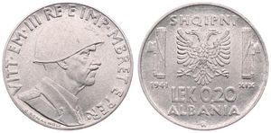 Albania, Italian Occupation WWII, Vittorio Emanuele III, 0,20 Lek Stainless Steel 1941R, Helmeted head right, KM 29, UNC