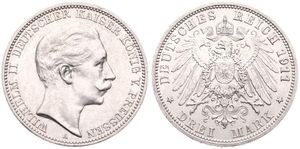 German States, Prussia, Wilhelm II, 3 Mark Silver 1911A, Head right, KM 527, VF