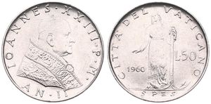 Vatican City, City State, 50 Lire Stainless Steel 1960, Spes standing, KM 63, UNC