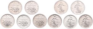 France, Republic, 50 Centimes Silver 1916, 1917, 1918, 1919 & 1920, Figure sowing seed, KM 854, all UNC !