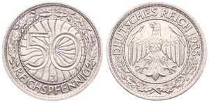 Germany, Weimar Republic, 50 Reichspfennig Nickel 1935J, Denomination within lined circle, KM 49, XF