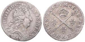 France, Kingdom, Louis XIV, 10 Sols-1/8 Ecu Silver 1703A, Draped bust right, KM 349.1 (Paris), VF