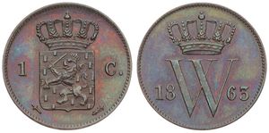 Netherlands, Kingdom, William III, 1 Cent Copper 1863, Crowned arms, KM 100, A.UNC