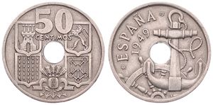 Spain, Kingdom, Franco, 50 Centimos Copper-Nickel 1949 (51), Value above center hole, KM 776, ARROWS POINTING DOWN !, VF