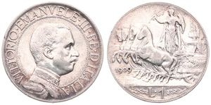 Italy, Kingdom, Vittorio Emanuele III, 1 Lira Silver 1909R, Bust right within circle, KM 45, VF