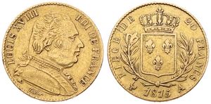 France, First Restoration, Louis XVIII, 20 Francs Gold 1815A, Bust right, KM 706.1 Paris, VF (*)