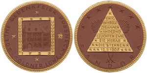 Germany, Weimar Republic, Medal in Porcelain 1923, Goethe Gedenkfeier Possneck (Thuringen), Building Goldner Lowe 1823-1923 / Legend in 8 lines within triangle, UNC 