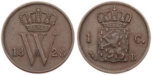Netherlands, Kingdom, William I, 1 Cent Copper 1828B, Crowned arms, KM 47 Brussels, VF