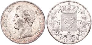 France, Second Kingdom, Charles X, 5 Francs Silver 1829W, Head left, KM 728.13 Lille, XF+